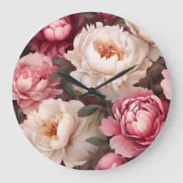 Rosa und weiße Peony Große Wanduhr