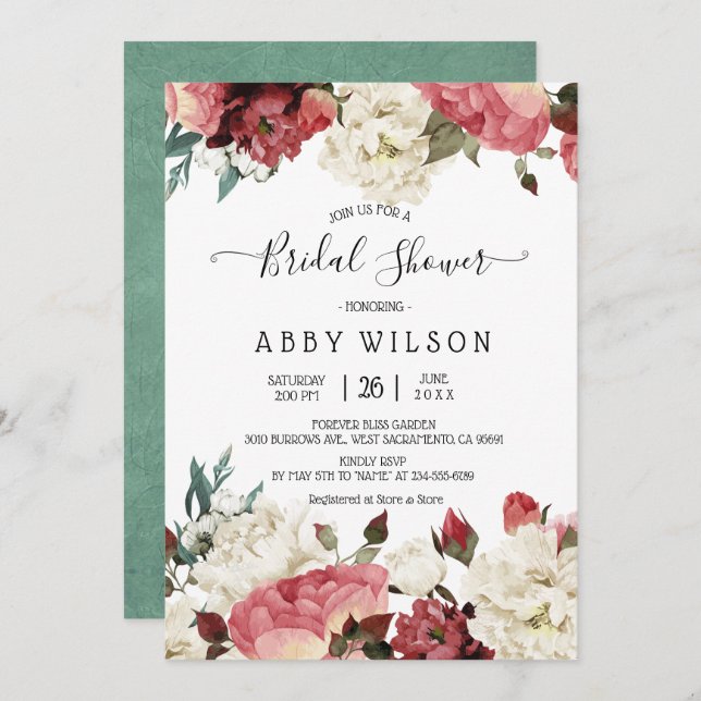 Rosa und weiße Pfirsiche Frühlingsblumen Brautpart Einladung (Vorne/Hinten)