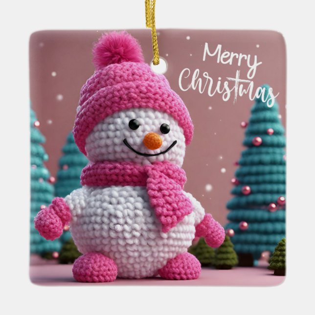 Rosa und weiße Polka Dot Snowman Keramikornament (Vorderseite)