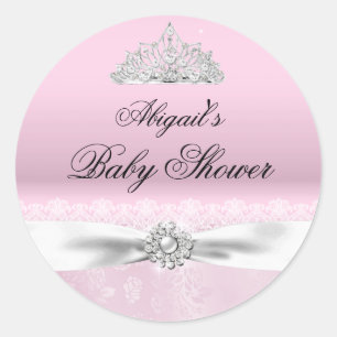 Rosa und weiße Prinzessinnen-Tiara-Baby-Shower-Auf Runder Aufkleber
