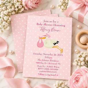 Rosa und weiße Punkte-Storch-Baby-Party Einladung