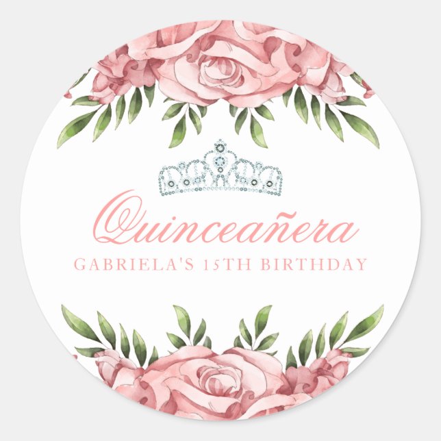 Rosa und weiße Quinceanera Runder Aufkleber (Vorderseite)