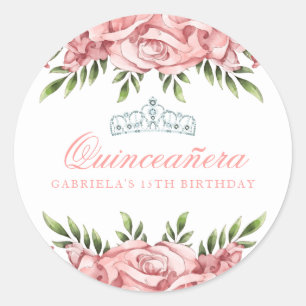 Rosa und weiße Quinceanera Runder Aufkleber