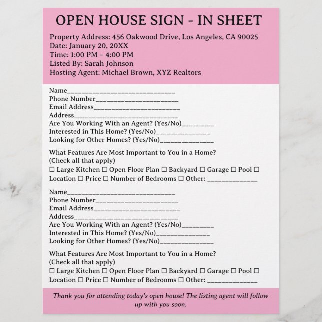 Rosa und weiße Realtal Open House Unterschrift in  Flyer (Vorne)