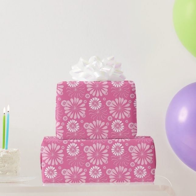 Rosa und weiße Retro Blütendrucke Geschenkpapier (Partygeschenke)