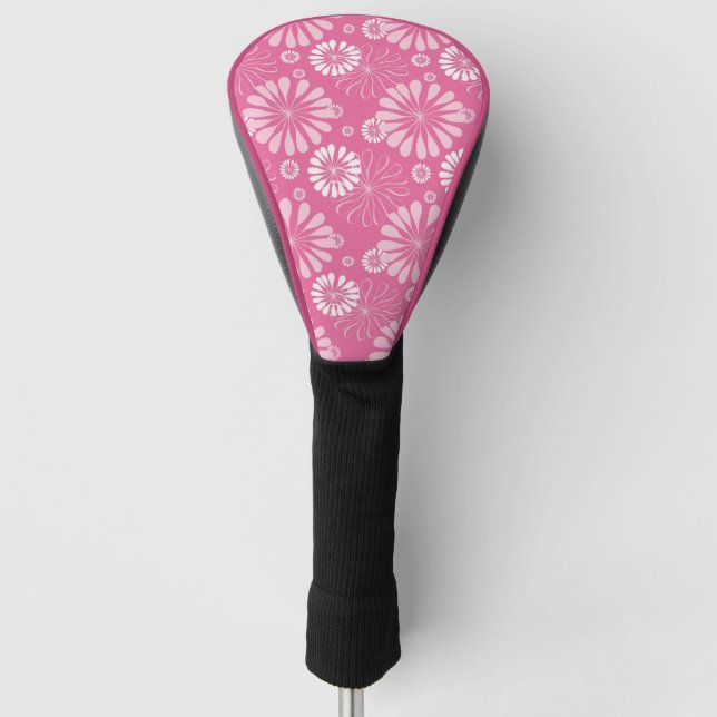 Rosa und weiße Retro Blütendrucke Golf Headcover (Vorderseite)