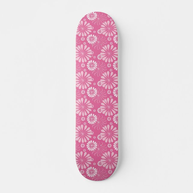 Rosa und weiße Retro Blütendrucke Skateboard (Vorne)