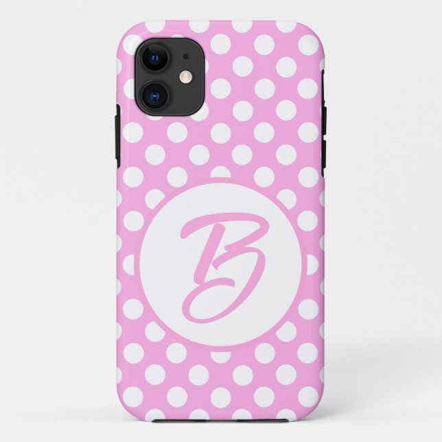 Rosa und weiße Retropolka-Punkte, mit Monogramm Case-Mate iPhone Hülle (Rückseite)