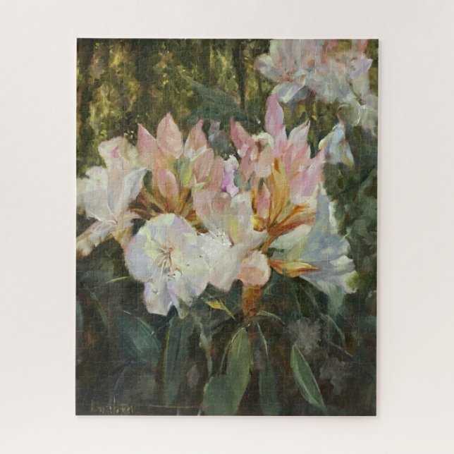 Rosa und weiße Rhododendron Deep Green Folies Puzzle (Vertikal)