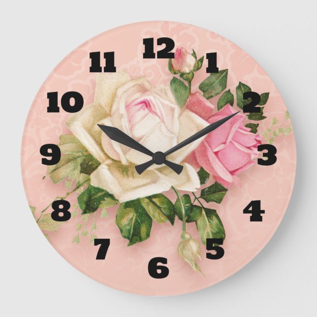 Rosa und Weiße Rose Bouquet Große Wanduhr (Vorderseite)