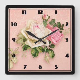 Rosa und Weiße Rose Bouquet Quadratische Wanduhr