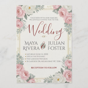 Rosa und weiße Rosen Hochzeit im Vintage-Blumensti Einladung