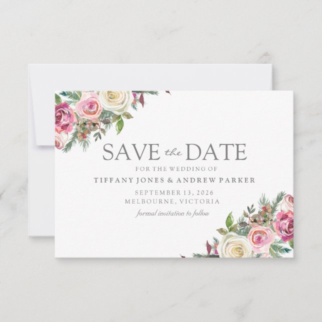 Rosa und Weiße Rosen Save the Date Blumen (Vorderseite)