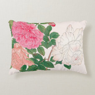 Rosa- und weiße Rosenblumen mit grünen Blättern Dekokissen