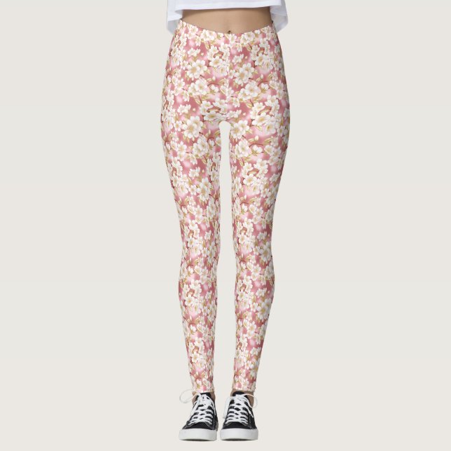 Rosa und weiße Sakura-Muster Leggings (Vorderseite)
