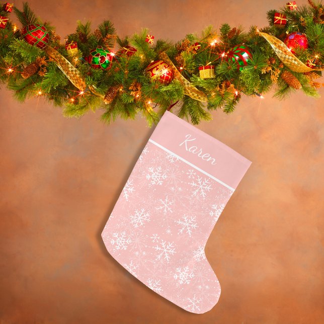Rosa und weiße Schneeflocken Name Weihnachten Großer Weihnachtsstrumpf (Pink and white snowflakes name Christmas Large Christmas Stocking)