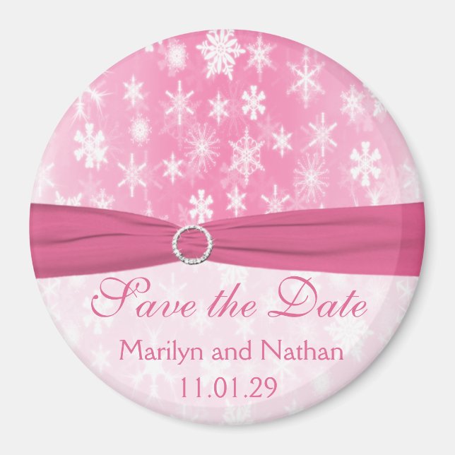 Rosa und weiße Schneeflocken Save the Date Magnet (Vorne)