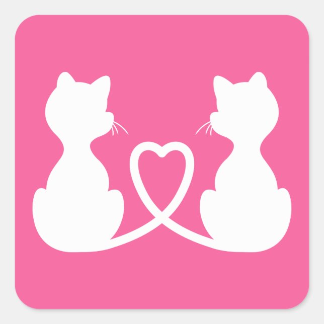 Rosa und weiße Silhouette von zwei Katzen in Liebe Quadratischer Aufkleber (Vorderseite)