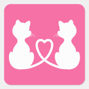 Rosa und weiße Silhouette von zwei verliebten Katz Quadratischer Aufkleber
