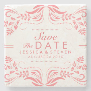 Rosa und weiße Spitzen Save the Date Aufkleber 2 Steinuntersetzer