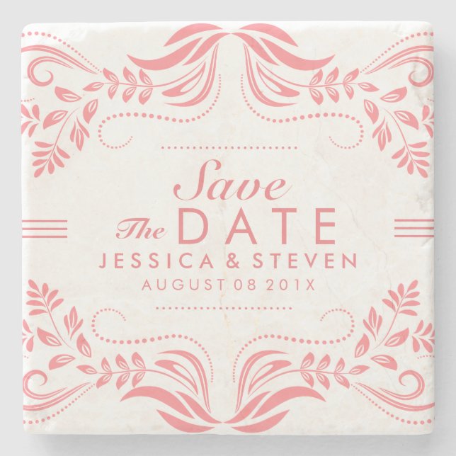 Rosa und weiße Spitzen Save the Date Aufkleber 2 Steinuntersetzer (Vorderseite)