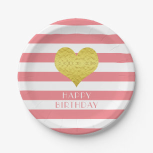 Rosa und weiße Streifen Gold Herz Alles Gute zum G Pappteller