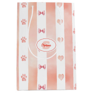 Rosa und weiße Streifen - Herz, Rose, Paw Print Mittlere Geschenktüte