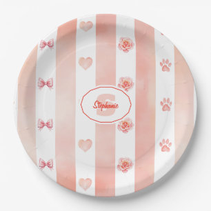 Rosa und weiße Streifen - Herz, Rose, Paw Print Pappteller