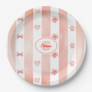 Rosa und weiße Streifen - Herz, Rose, Paw Print Pappteller