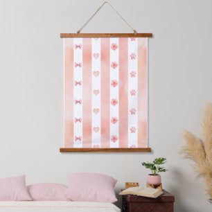 Rosa und weiße Streifen - Herz, Rose, Paw Print Wandteppich Mit Holzrahmen