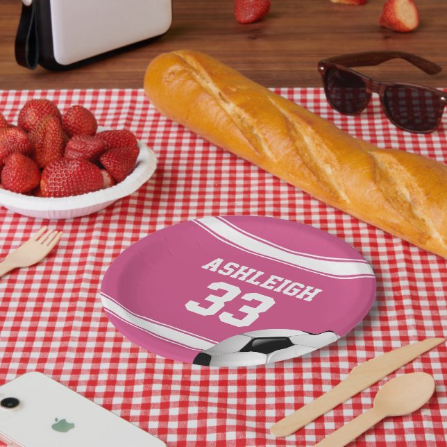 Rosa und weiße Streifen Jersey Fußball Pappteller (Picknick)