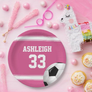 Rosa und weiße Streifen Jersey Fußballball Pappteller