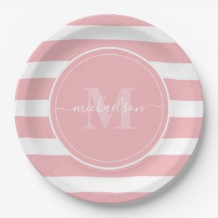 Rosa und weiße Streifen Monogramm Name Pappteller