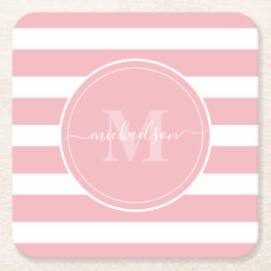 Rosa und weiße Streifen Monogramm Name Rechteckiger Pappuntersetzer