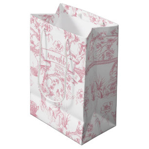 Rosa und weiße Toile de Jouy Brautparty Mittlere Geschenktüte