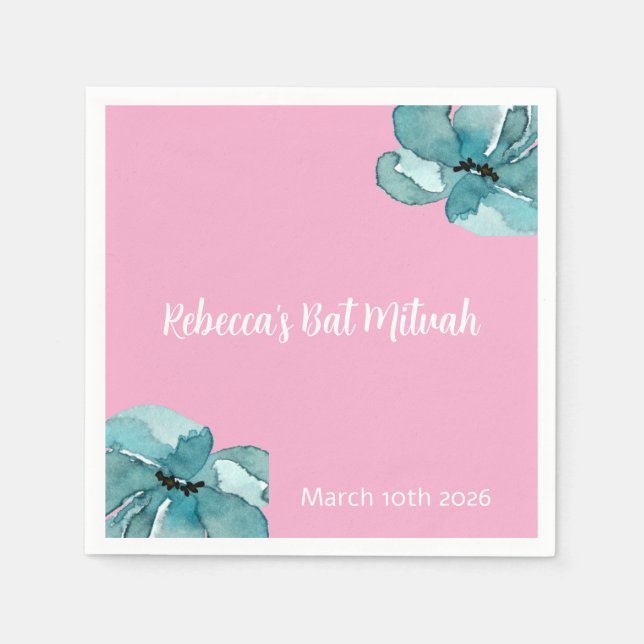 Rosa und weiße Wasserfarbe Blumenbast Mitzvah Serviette (Vorderseite)