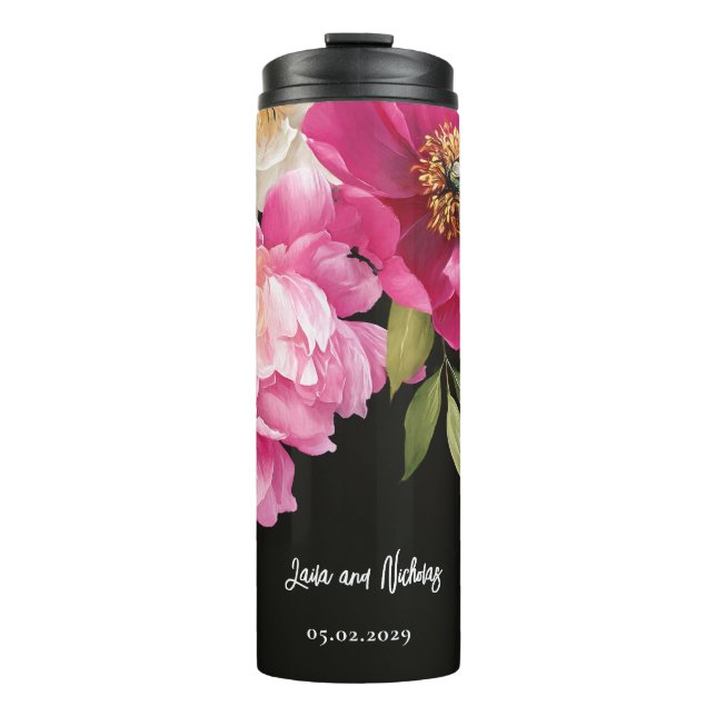 Rosa und weiße Wasserfarben-Blütenhochzeit Thermosbecher (Vorderseite)