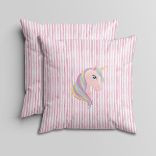 Rosa und Weiße Wasserfarbenstreifen mit Einhorn Kissen