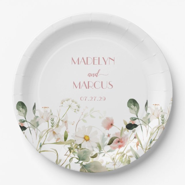 Rosa und weiße Wildblumen Hochzeitsempfang Pappteller (Vorderseite)
