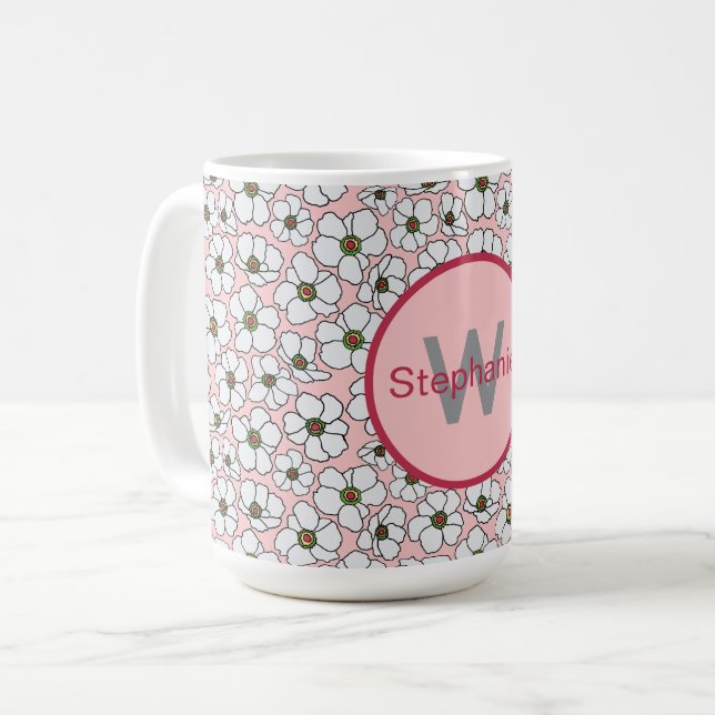 Rosa und weißer Boho-Blumenstrauß mit Monogramm Kaffeetasse (Vorderseite Links)