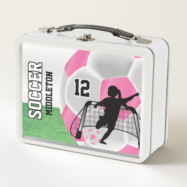 Rosa und weißer Fußball - Fußball-Girl Metall Lunch Box (Vorderseite)