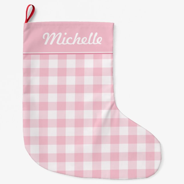 Rosa und weißer Gingham personalisiert Großer Weihnachtsstrumpf (Vorderseite)