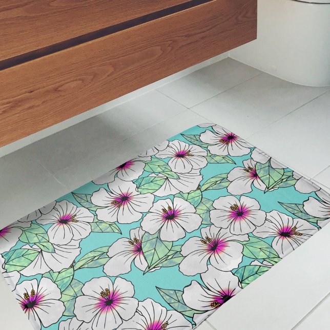 Rosa und weißer tropischer Hibiskus Blumenmuster Badematte (Hibiscus Pattern Bath Mat)