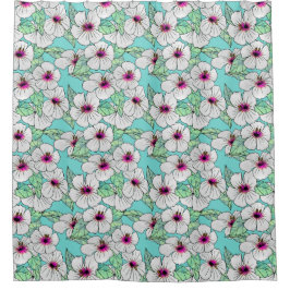 Rosa und weißer tropischer Hibiskus Blumenmuster Duschvorhang