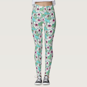 Rosa und weißer tropischer Hibiskus Blumenmuster Leggings