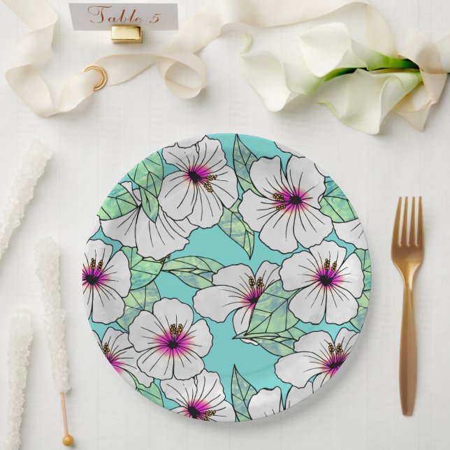 Rosa und weißer tropischer Hibiskus Blumenmuster Pappteller (Hochzeit)