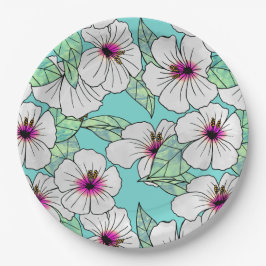 Rosa und weißer tropischer Hibiskus Blumenmuster Pappteller