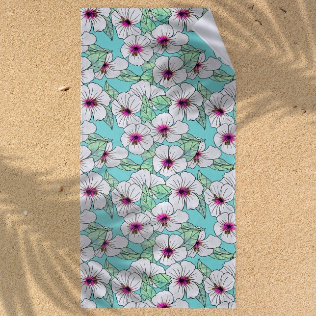 Rosa und weißer tropischer Hibiskus Blumenmuster Strandtuch (Tropical Vibes Hibiscus Pattern Beach Towel)
