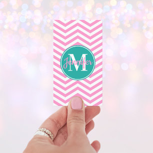 Rosa und weißes Chevron Türkis Monogramm Visitenkarte