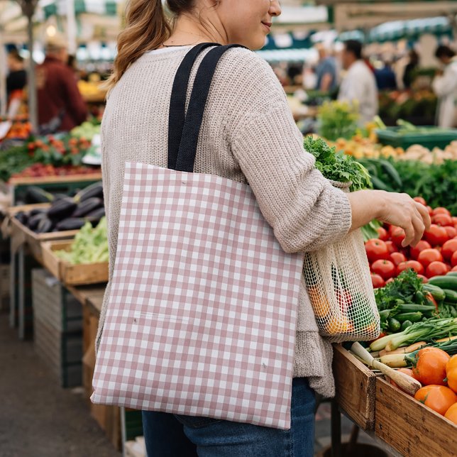 Rosa und weißes Gingham-Karomuster Shabby-Chic-Mus (A tote bag with a pink and white gingham pattern.)